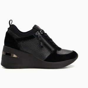 DUNE LONDON Eilin Wedge Lace-Up Trainers in Black Leather